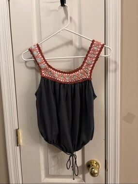 Lucky Brand Navy Romper with Coral, Mint & Brown Crochet Yoke